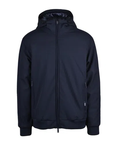 Add Down-filled Soft Shell Coat With Adjustable Hood And Practical Zip Closure In Blue