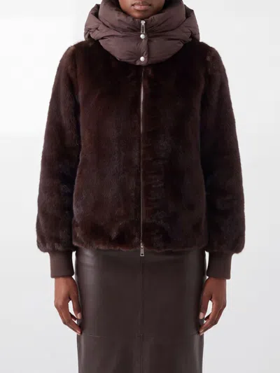 Add Faux Fur Jacket With Goose Down Ped Hood In Brown
