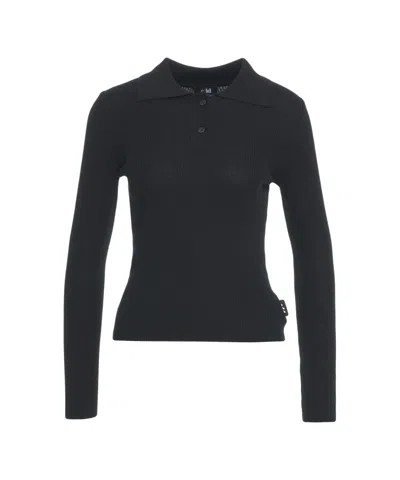 Add Fitted Knit Polo Top With Classic Collar And Ribbed Texture In Black
