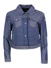 ADD JACKET IN SOFT DENIM WITH LIGHTLY PADDED TECHNICAL FABRIC PARTS AND ZIP CLOSURE.
