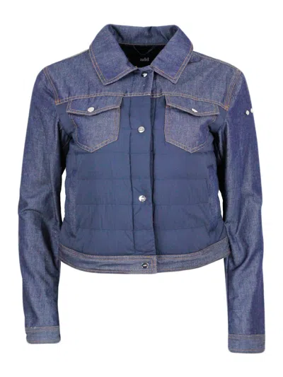 ADD JACKET IN SOFT DENIM WITH LIGHTLY PADDED TECHNICAL FABRIC PARTS AND ZIP CLOSURE.