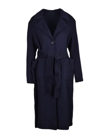 Add Long Wool Cashmere Coat With Defined Waist And Classic Collar In Blue
