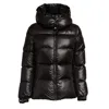 Add Sculpted Down Coat With Removable Hood And Refined Detailing In Black