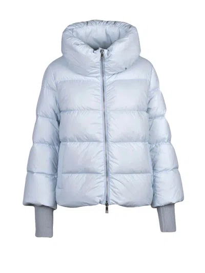 Add Short Light Blue Down Jacket With Quilted Design And High Collar In White