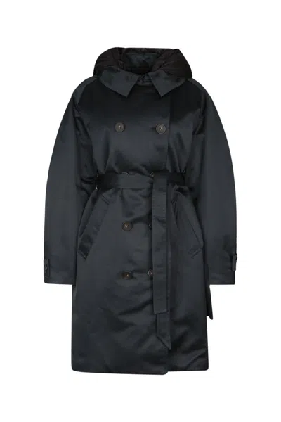Add Hooded Double-breasted Trench Coat In Black