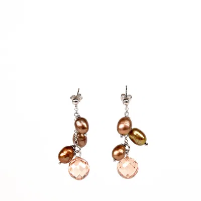 Addicted2 Women's Brown / Silver / Neutrals Nemesi 925 Silver Earrings With River Pearls & Champagne Zircons In Gold