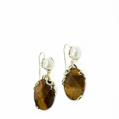 Addicted2 Women's Gold / Brown Tisbe Bronze Earrings With Majorca Pearls & Tiger's Eye