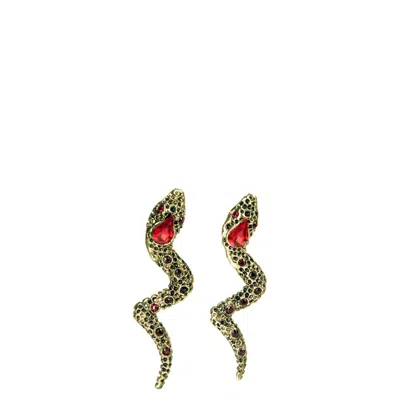 Addicted2 Women's Gold / Red Moire Serpent Shaped Earrings With Red Crystals In Green