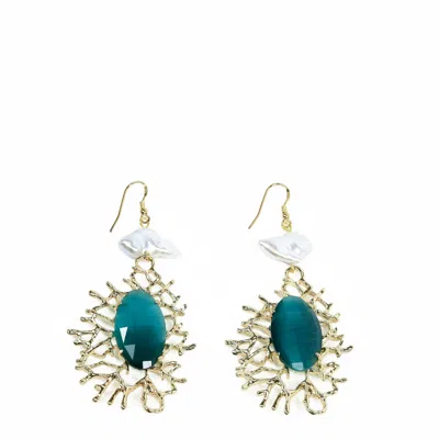 Addicted2 Women's Green / Gold / White Eostre Dangle Earrings With Emerald Green Stone In Multi