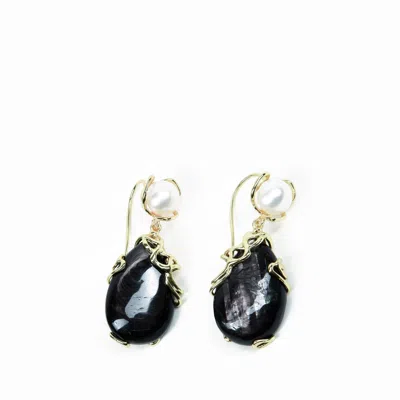 Addicted2 Women's White / Gold / Black Calipso Bronze Earrings With Majorca Pearls & Obsidian