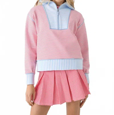 Addison Bay Alley Quarter Zip In Guava/baby Blue Stripe In Pink
