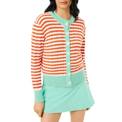 Addison Bay Cotton Cable Knit Oxford Cardigan Sweater In Papaya/jelly Mint In Multi
