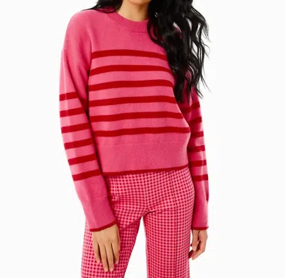 Addison Bay Knit Junior Carlyle Crewneck Sweater In Rose Cherry Stripe In Pink