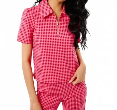 Addison Bay Ponte Virginian Polo Top In Rose Check In Pink