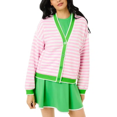 Addison Bay Soft Luxe Abbott Sweatshirt Cardigan In Bubblegum/super White Stripe/key Lime In Pink