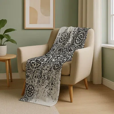 Addison Rugs Addison Machine Washable Sherpa Asb758 Medallions Throw Blanket In Black