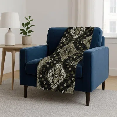 Addison Rugs Addison Machine Washable Sherpa Asb846 Medallions Throw Blanket In Black