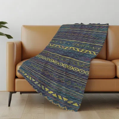 Addison Rugs Addison Machine Washable Sherpa Tribal Throw Blanket In Blue,yellow,gray