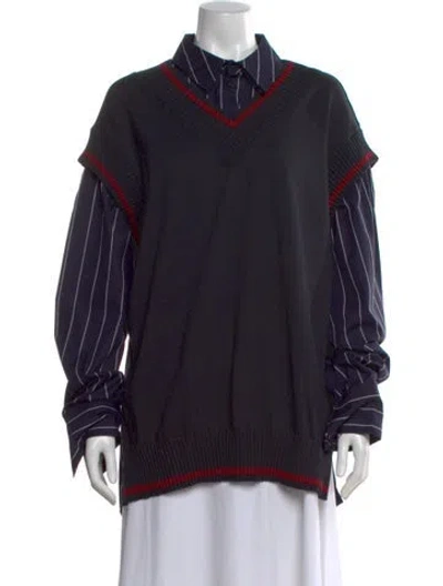 Pre-owned Adeam Striped V-neck Top In Black