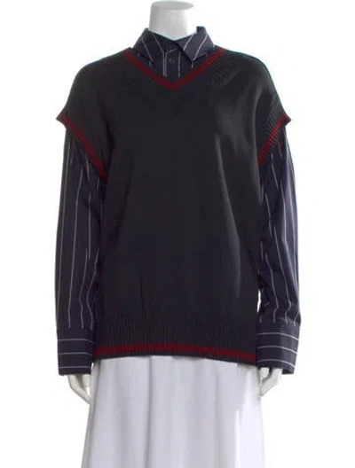 Pre-owned Adeam Striped V-neck Top In Black
