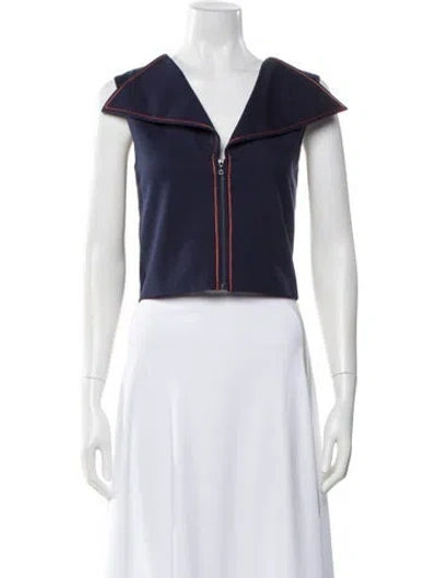 Pre-owned Adeam V-neck Short Sleeve Crop Top In Blue