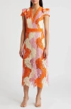 Adelyn Rae Adeline Palm Lace Midi Dress In Orange/ Pink/ Cream