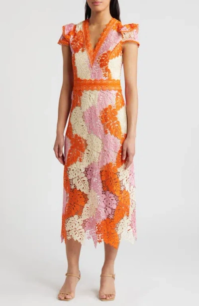 Adelyn Rae Adeline Palm Lace Midi Dress In Orange/ Pink/ Cream