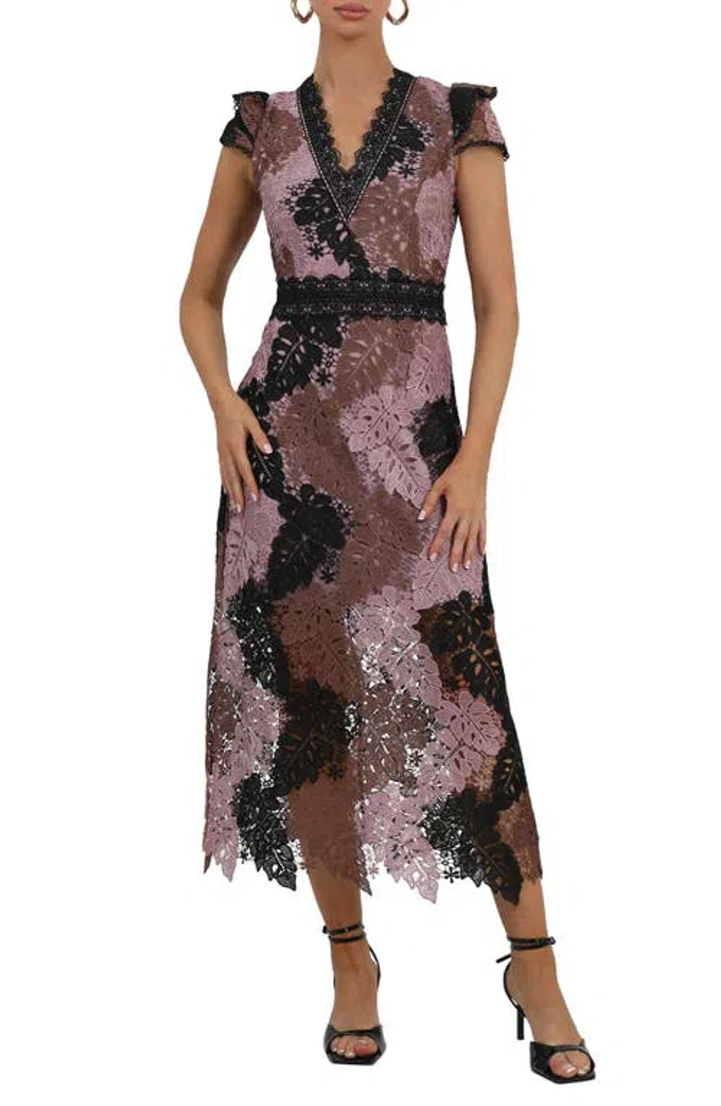 Adelyn Rae Adeline Palm Lace Midi Dress In Sepia Mauve Brown | ModeSens