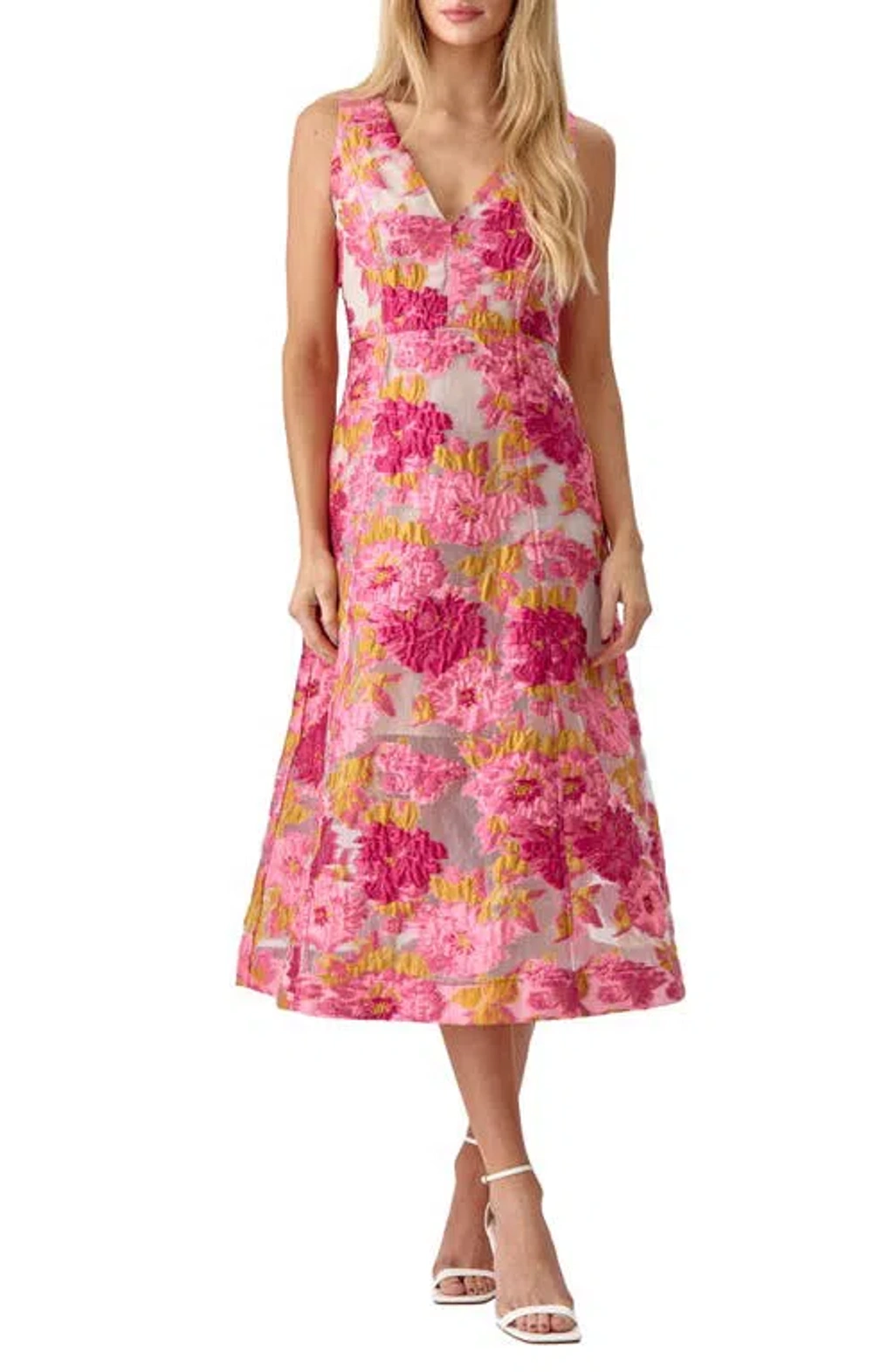 Adelyn Rae Agnes Floral Jacquard Midi Dress In Pink Yellow | ModeSens