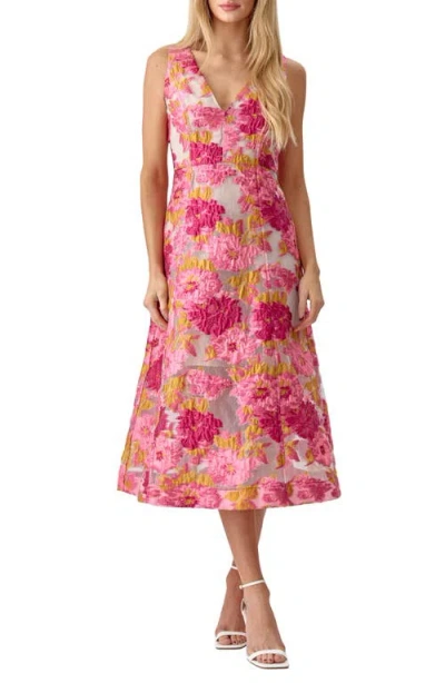 Adelyn Rae Agnes Floral Jacquard Midi Dress In Pink Yellow