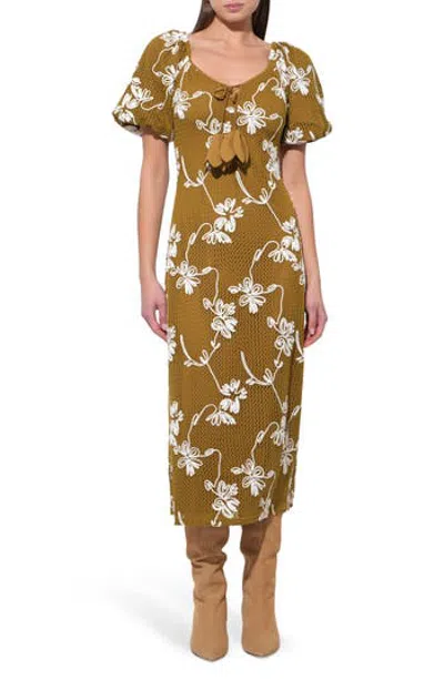 Adelyn Rae Anora Floral Embroidered Puff Sleeve Knit Midi Dress In Green
