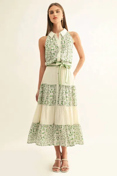 Adelyn Rae Blair Mixed Media Flared Midi Skirt In Green Multi