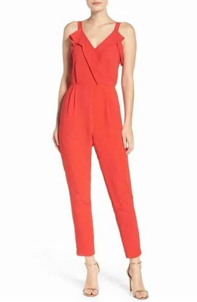 Adelyn Rae Crepe V Neck Ruffle Accent Jumpsuit In Red