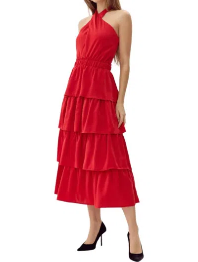 Adelyn Rae Eleanor Halter Tiered Midi Dress In Crimson Red