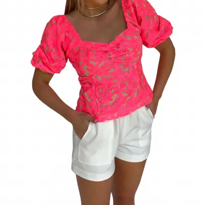 Adelyn Rae Embroidered Flower Puff Sleeve Top In Neon Pink