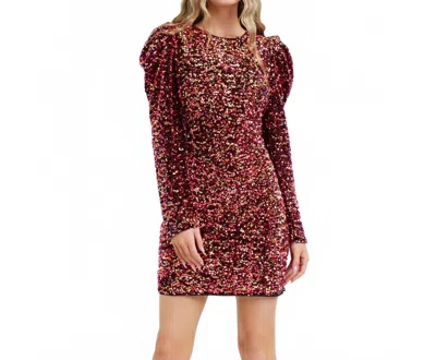 Adelyn Rae Gale Velvet Sequins Puff Sleeve Mini Dress In Raspberry Punch In Brown