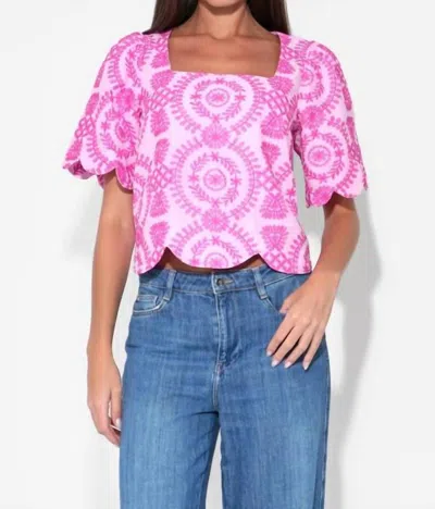 Adelyn Rae Hadley Square Neck Embroidery Scallop Top In Lilac/ Magenta In Pink