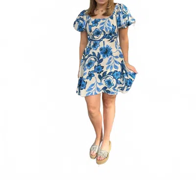 Adelyn Rae Halton Puff Sleeve Printed Mini Dress In Multi In Blue