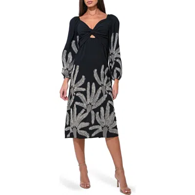 Adelyn Rae Jia Long Sleeve Embroidered Midi Dress In Black
