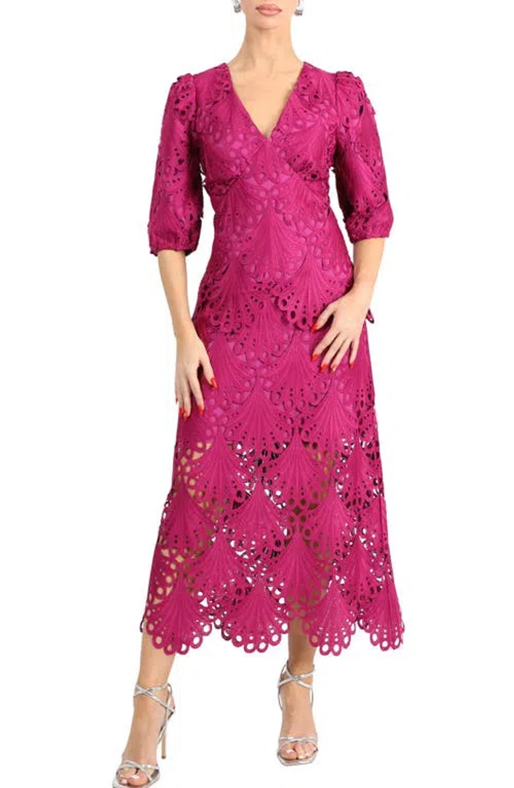 Adelyn Rae Kinsley Puff Sleeve Lace Midi Dress In Berry | ModeSens