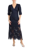 Adelyn Rae Kinsley Puff Sleeve Lace Midi Dress In Navy