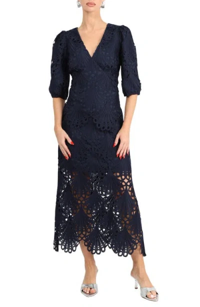 Adelyn Rae Kinsley Puff Sleeve Lace Midi Dress In Navy