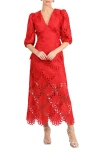 Adelyn Rae Kinsley Puff Sleeve Lace Midi Dress In Red