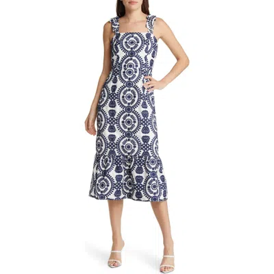Adelyn Rae Layla Embroidered Cotton Midi Dress In White/ Navy