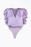 Adelyn Rae Lila Wrap-effect Sateen Bodysuit In Lilac In Blue