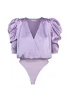 Adelyn Rae Lila Wrap-effect Sateen Bodysuit In Lilac In Purple