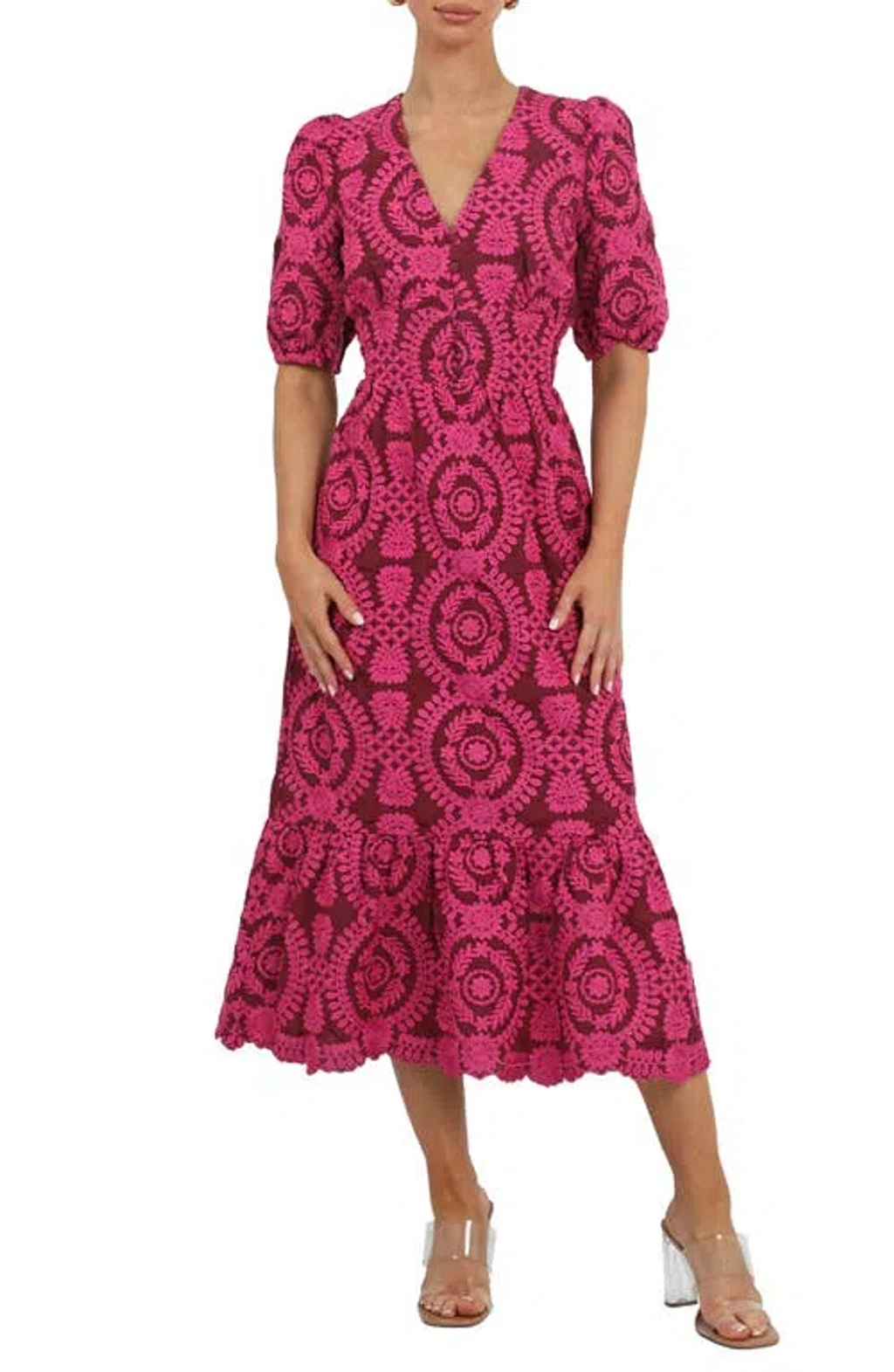 Adelyn Rae Luisa Embroidered Midi Dress In Burgundy Fuchsia | ModeSens