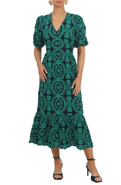 Adelyn Rae Luisa Embroidered Midi Dress In Navy Green ModeSens