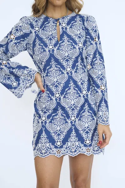 Adelyn Rae Marcie Keyhole Neckline Mini Dress In Blue Patterned