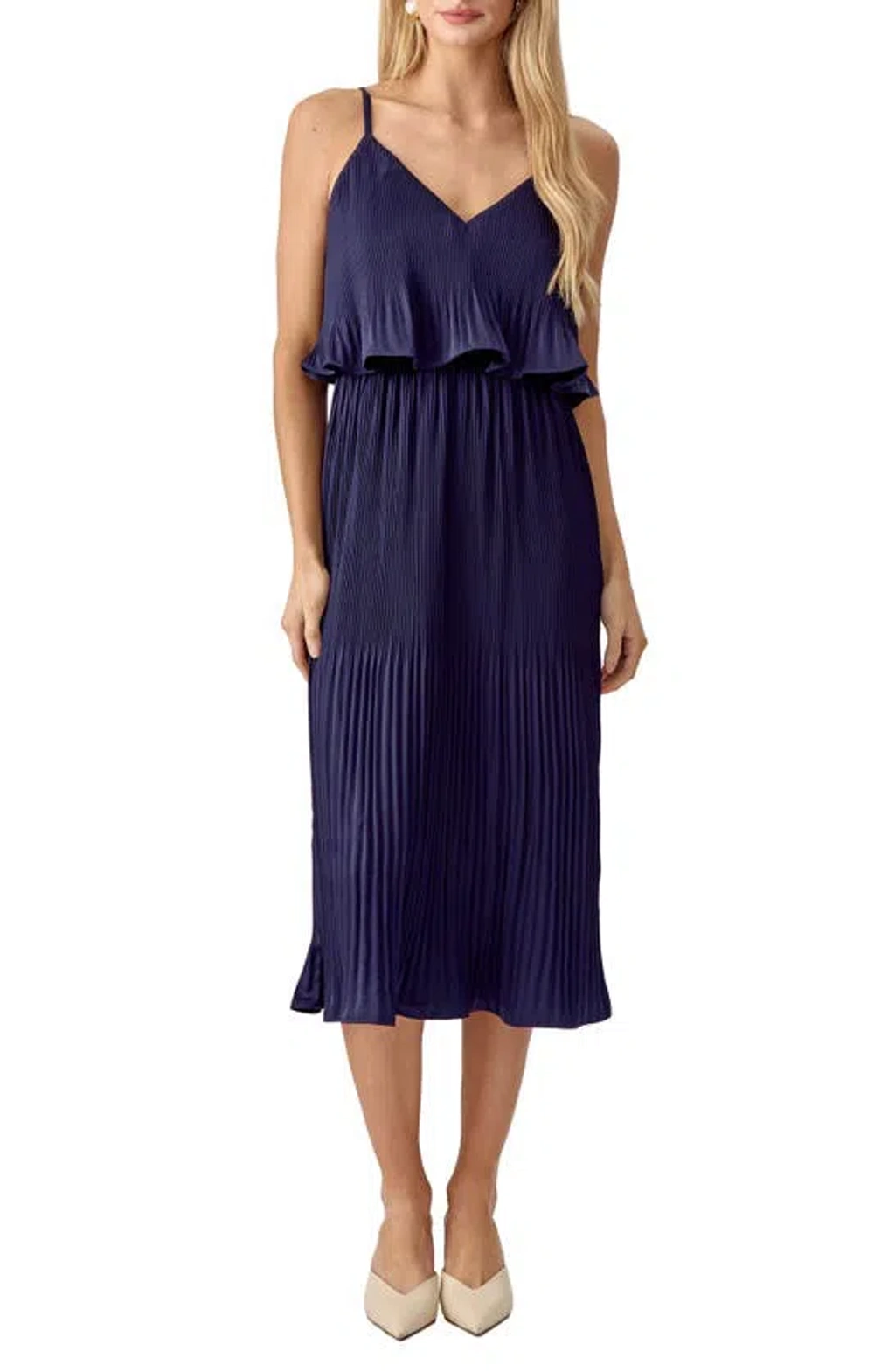 Adelyn Rae Nayla Pleated Overlay Sleeveless Midi Dress In Navy | ModeSens